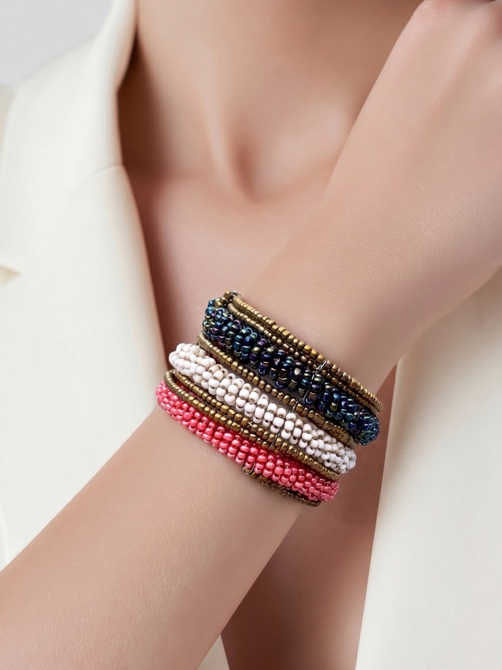 Handcrafted Beaded Stretch Bracelet Stack - Coral, White, Iridescent & Gold